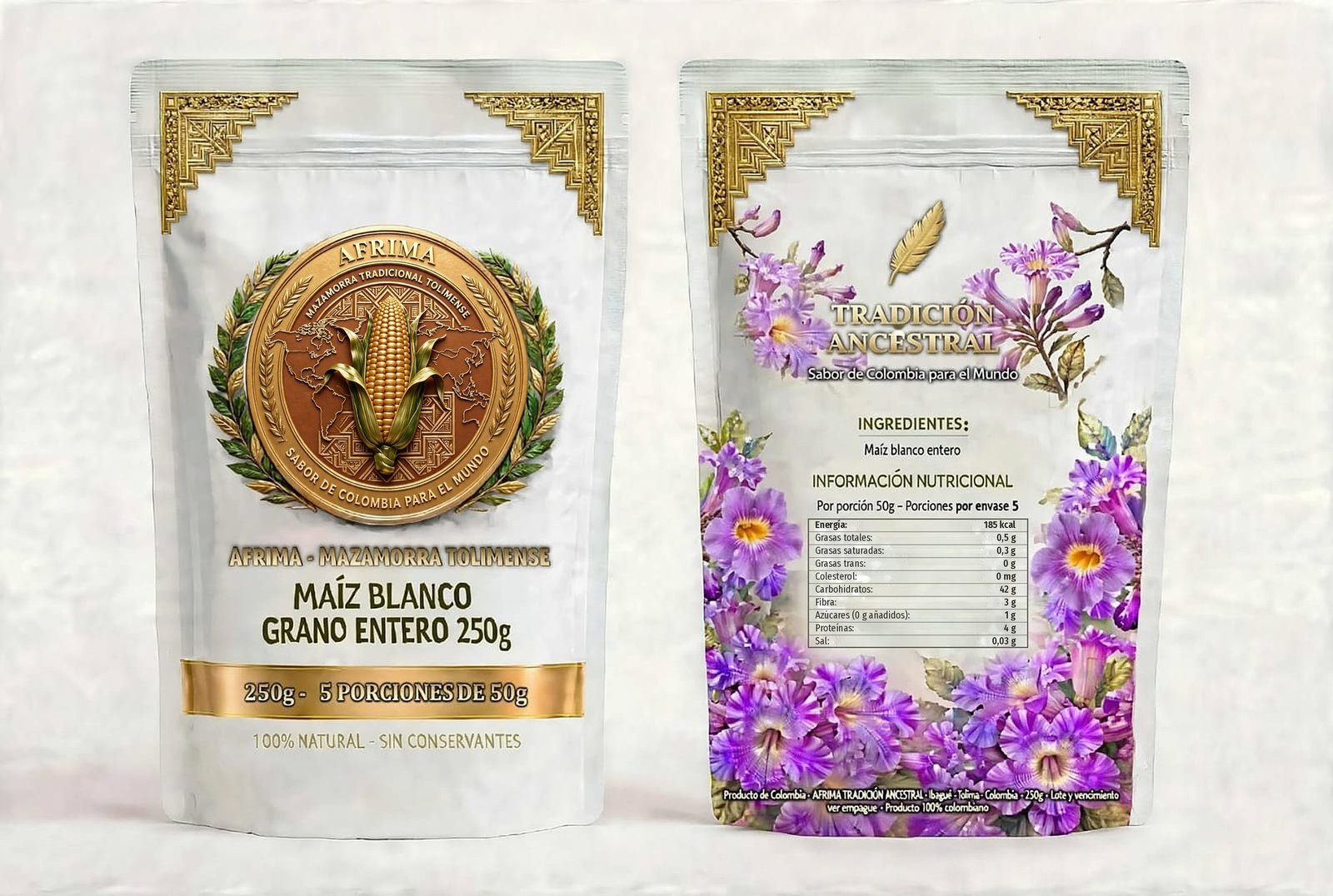 Mazamorra Tradicional Tolimense AFRIMA, maíz blanco, presentación 250g