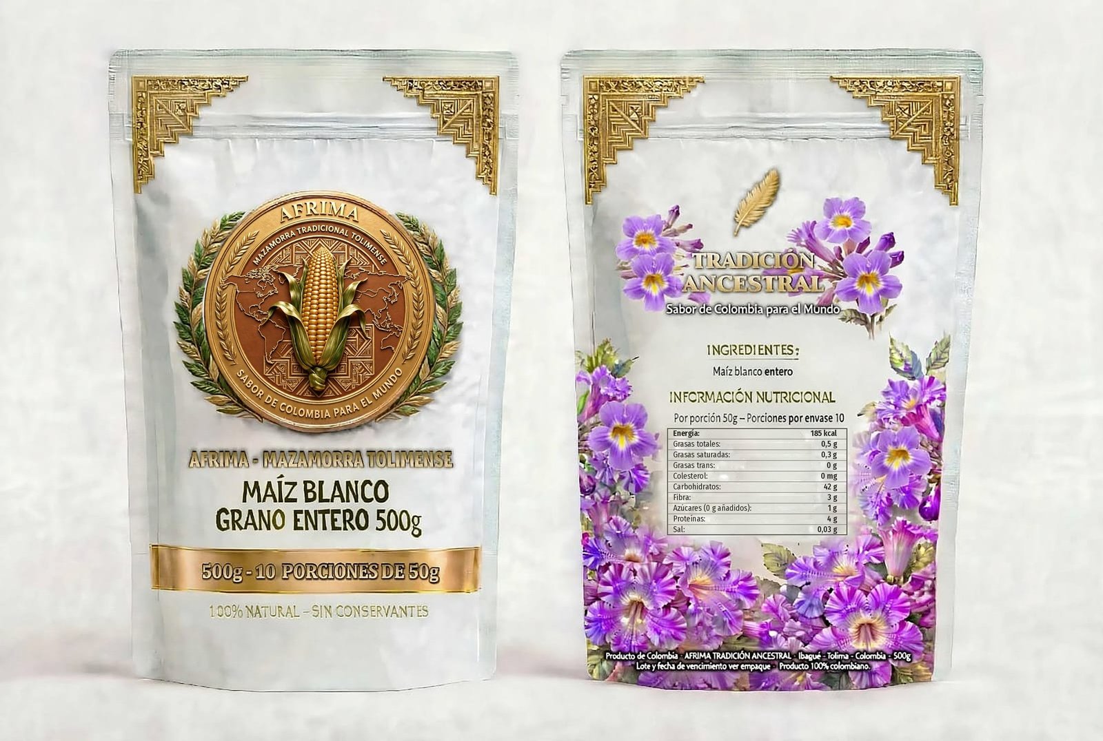 Mazamorra Tradicional Tolimense AFRIMA, maíz blanco, presentación 500g, Kit Familiar