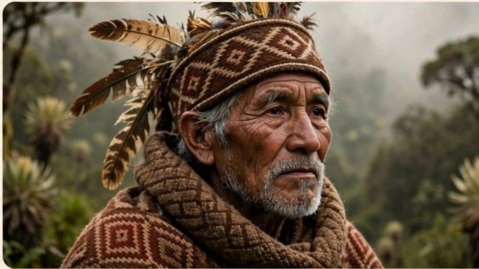 Abuelo Pijao con tocado tradicional, guardián de la herencia del Tolima