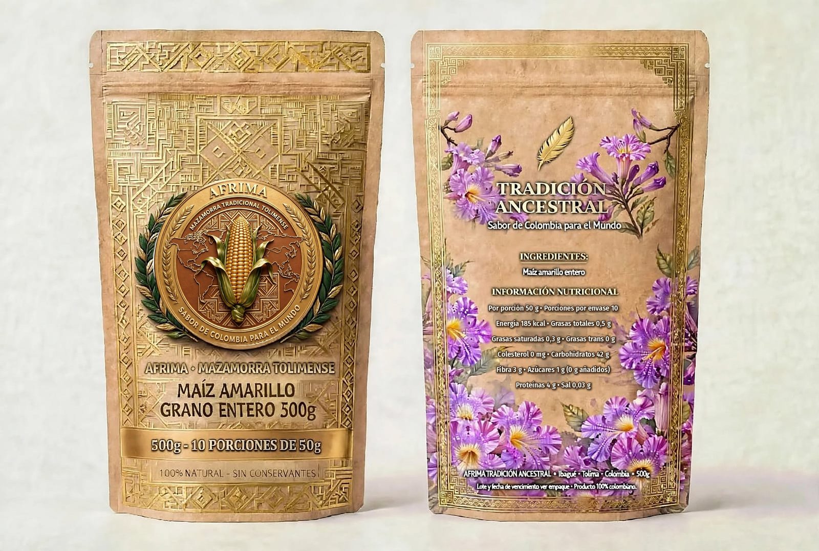 Mazamorra Tradicional Tolimense AFRIMA, maíz amarillo, presentación 500g, Kit Familiar